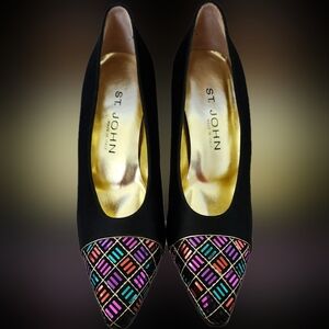 Vintage 1980s St. John High Heel Black Satin Pumps w/Sequined toe accents.